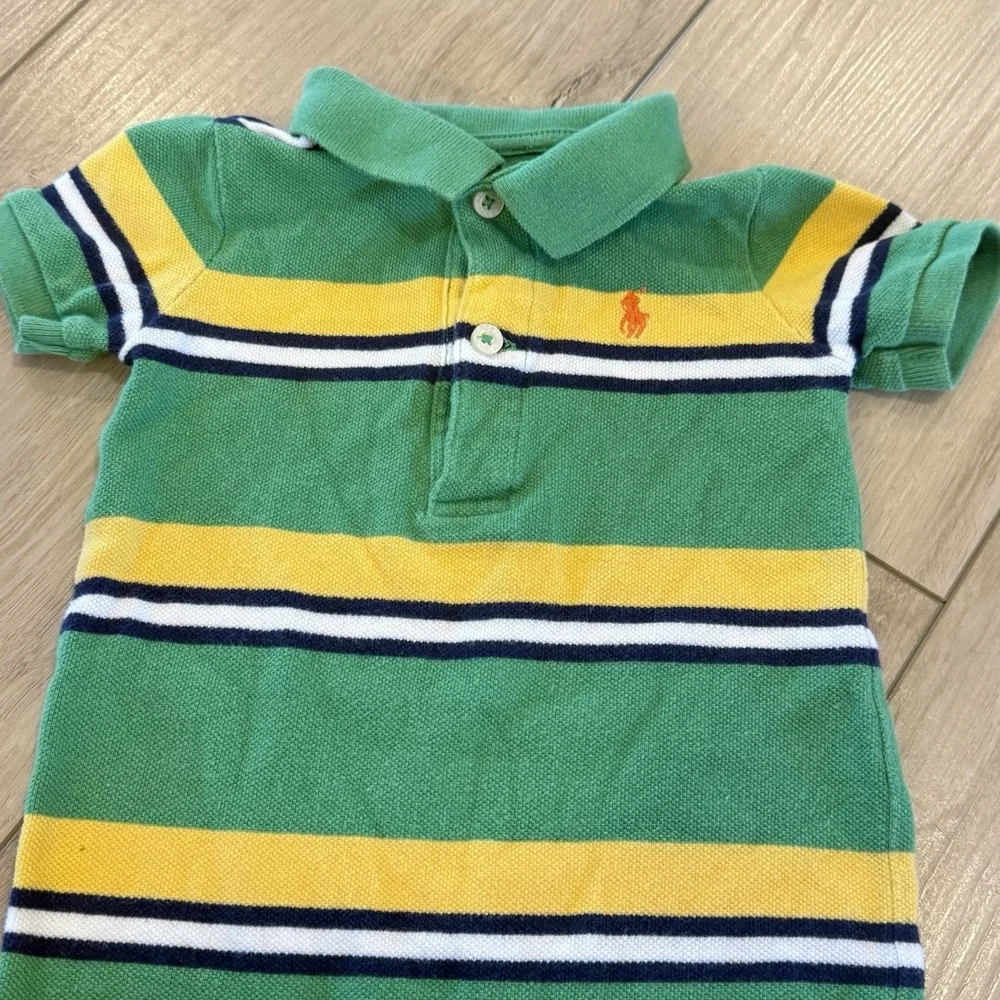 Ralph Lauren Romper Size 6 Month Green Stripe Preppy Short Sleeve Polo One-Piece